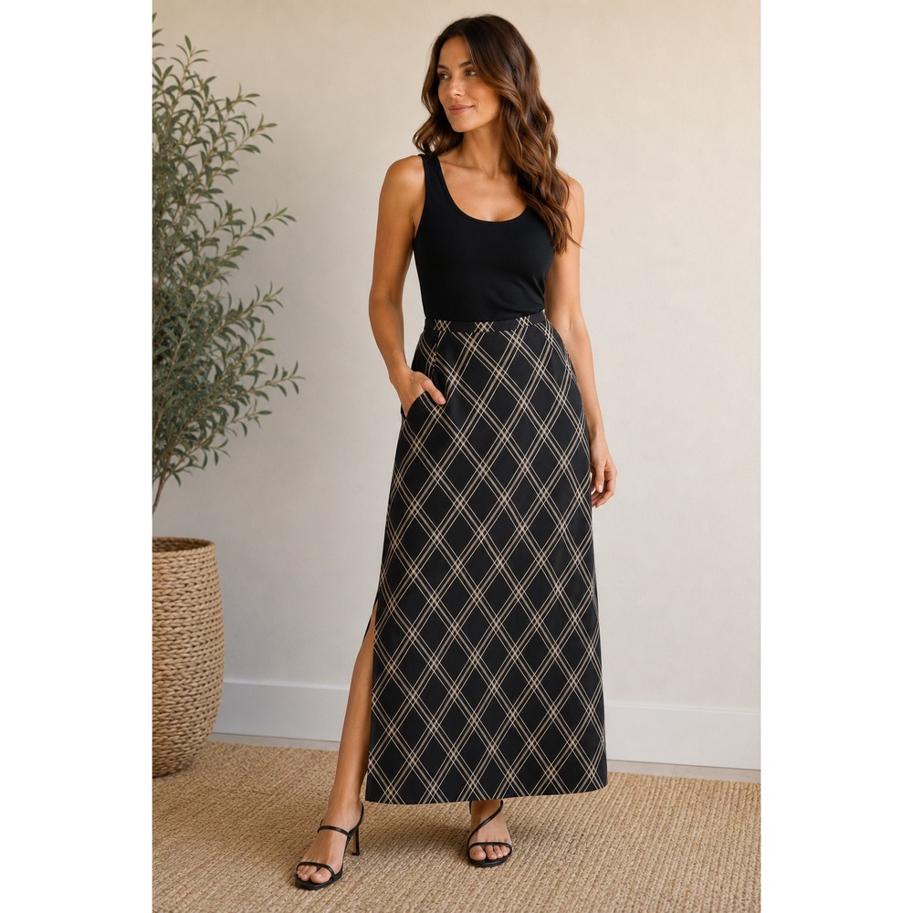 Eddie Bauer Womens Plaid Linen Blend Maxi Skirt Size 6 Bias Cut A-Line Black Tan